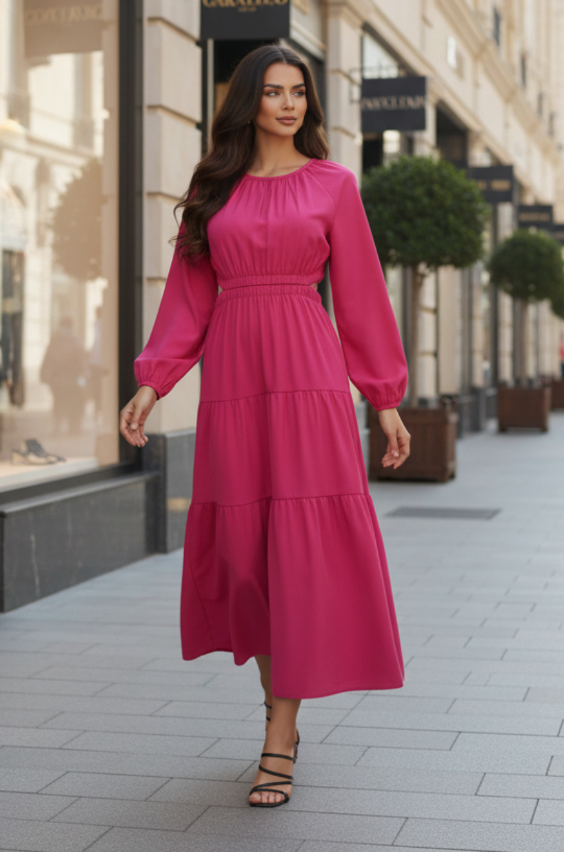 LONG SLEEVE WOVEN TIERED MAXI DRESS  SKSY4836*