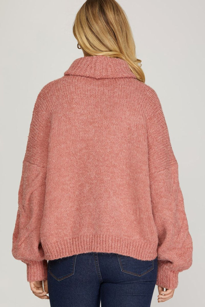 DUSTY ROSE TURTLENECK CABLE KNIT SWEATER TOP SKSY5391
