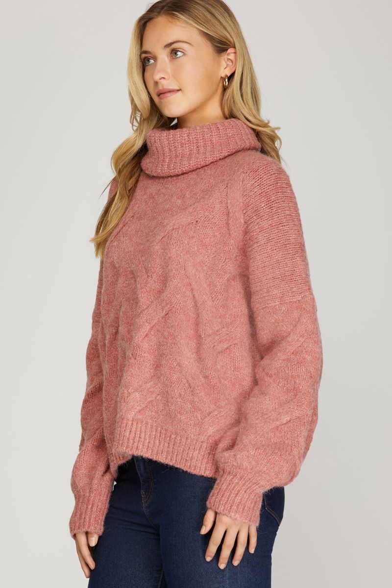 DUSTY ROSE TURTLENECK CABLE KNIT SWEATER TOP SKSY5391