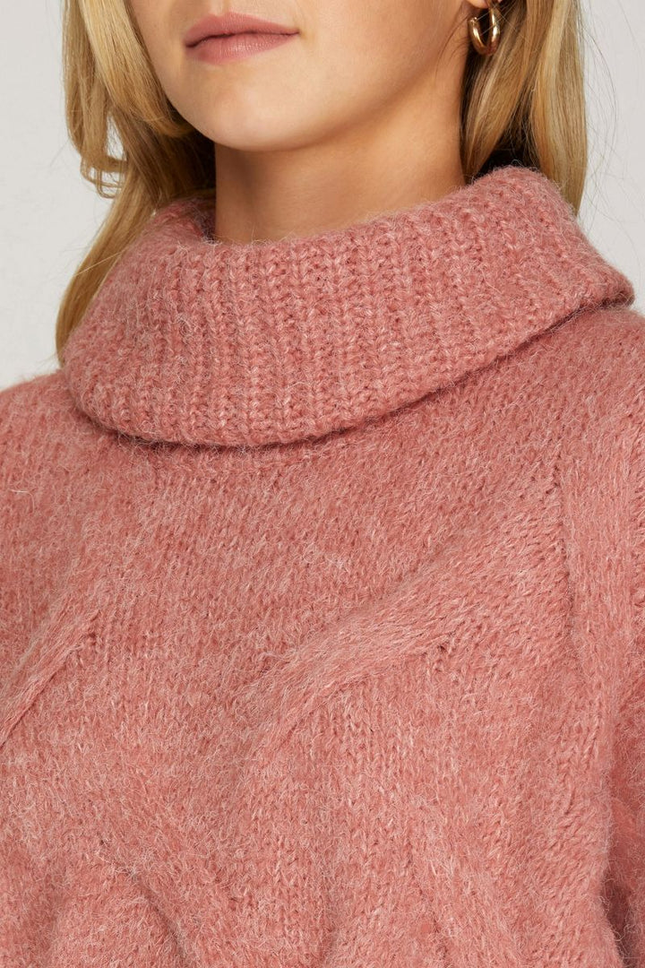 DUSTY ROSE TURTLENECK CABLE KNIT SWEATER TOP SKSY5391