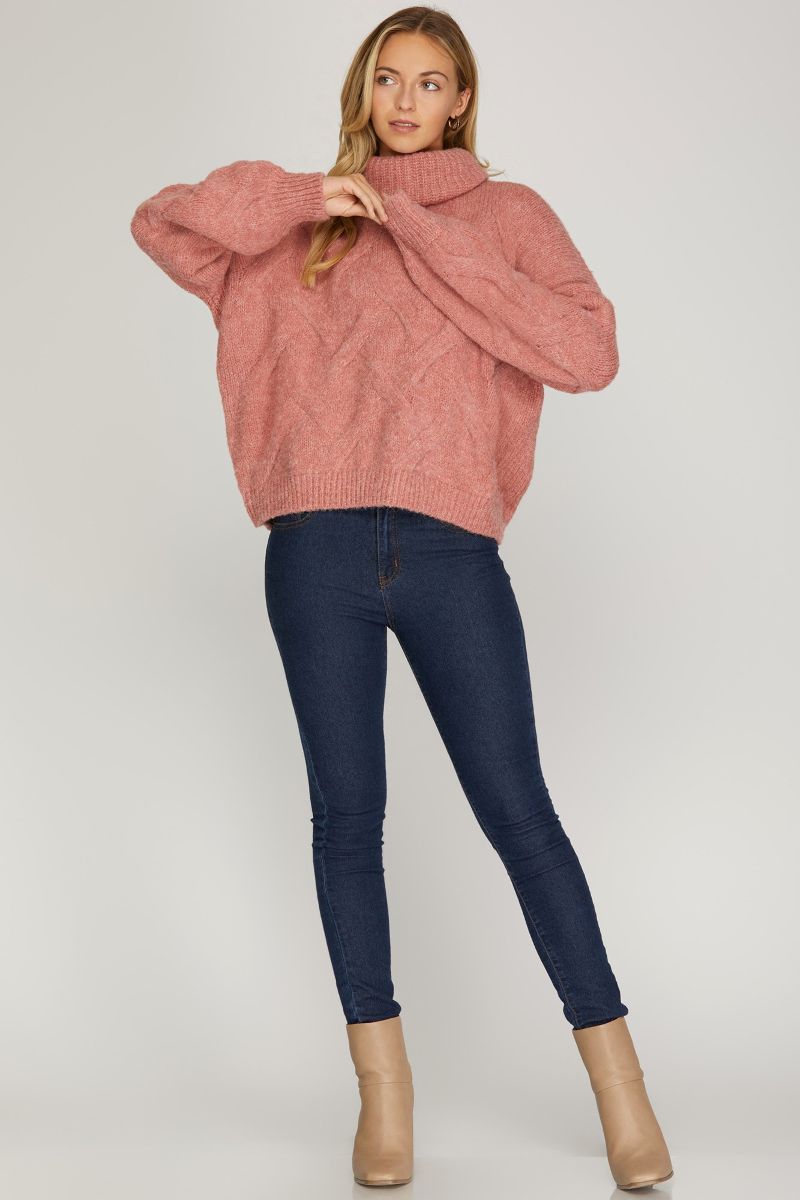 DUSTY ROSE TURTLENECK CABLE KNIT SWEATER TOP SKSY5391