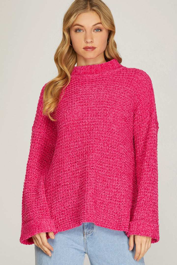 WAFFLE CHENILLE MOCK NECK CUFF LONG SLEEVES SWEATER SKSY5382