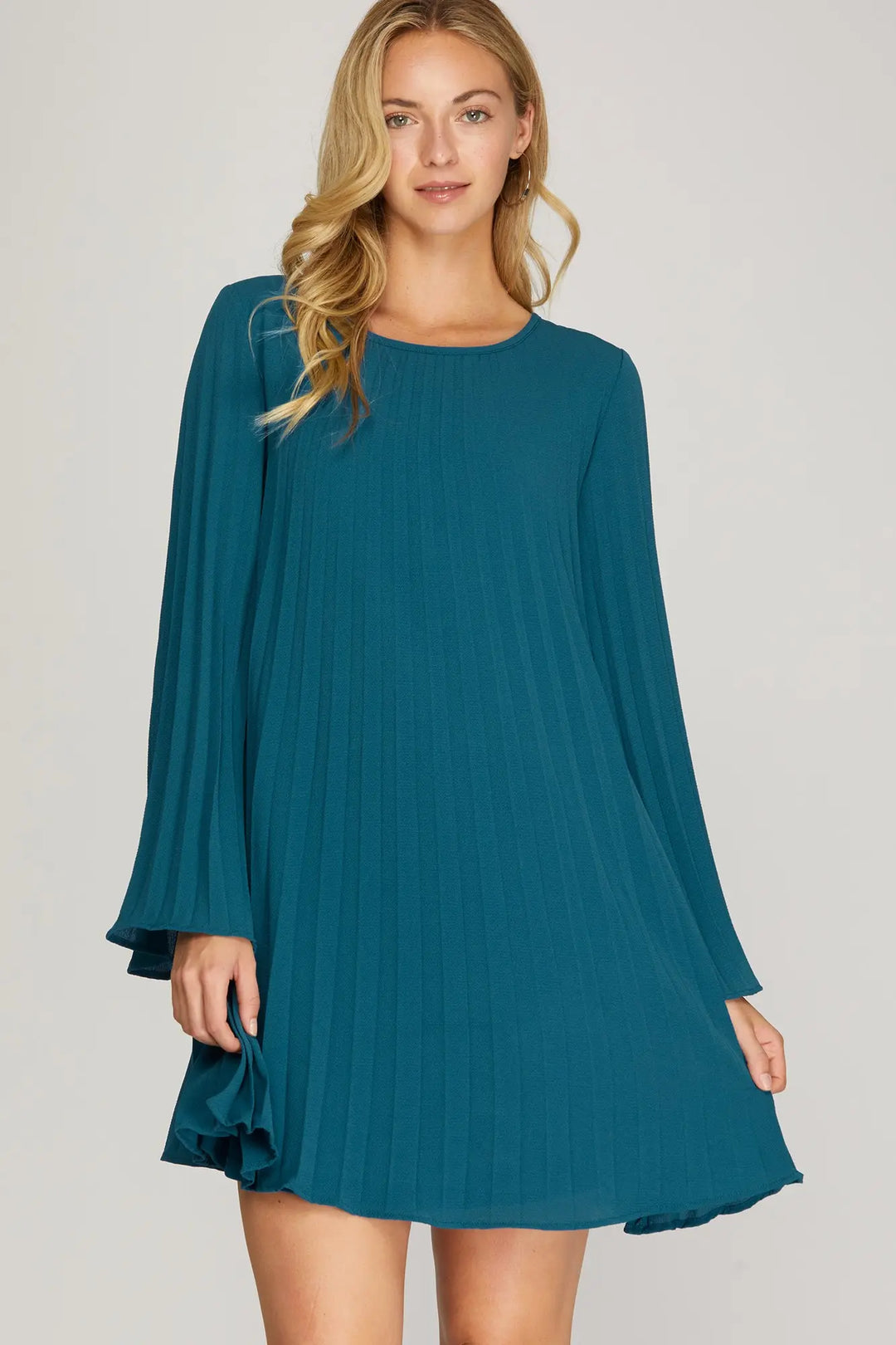 LONG SLEEVE PLEATED WOVEN DRESS