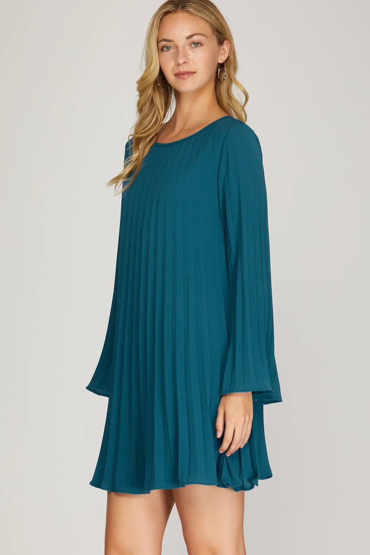 LONG SLEEVE PLEATED WOVEN DRESS