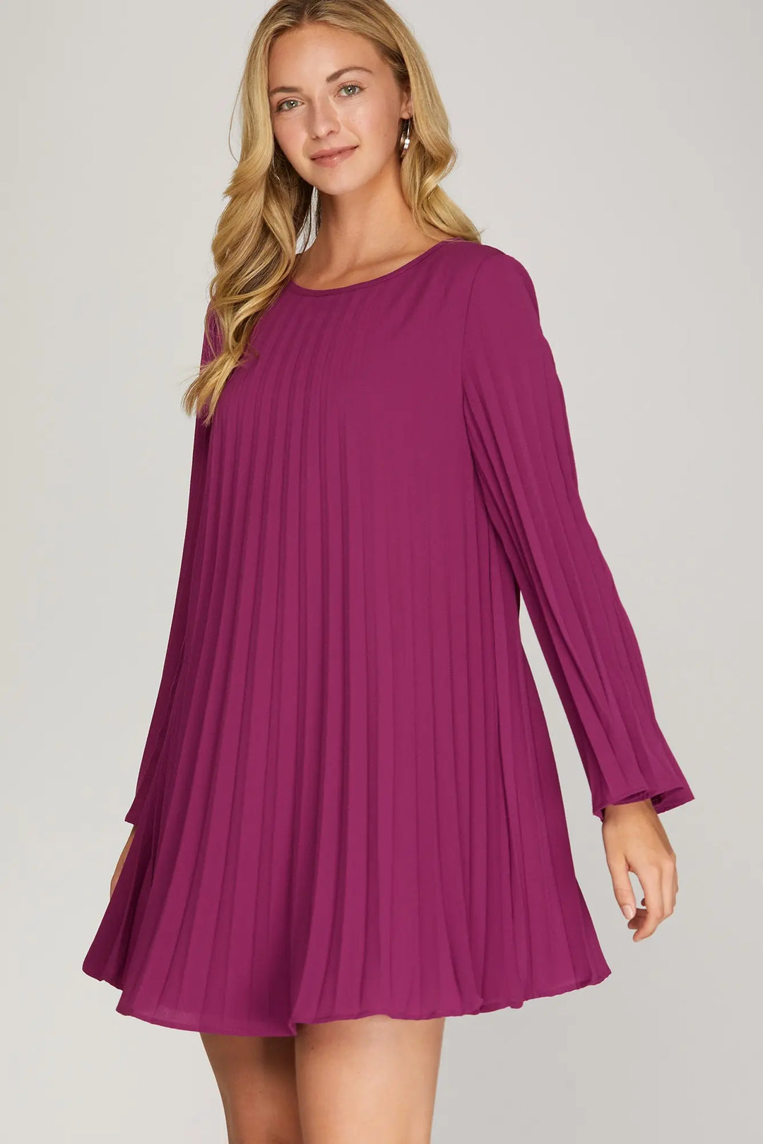 LONG SLEEVE PLEATED WOVEN DRESS