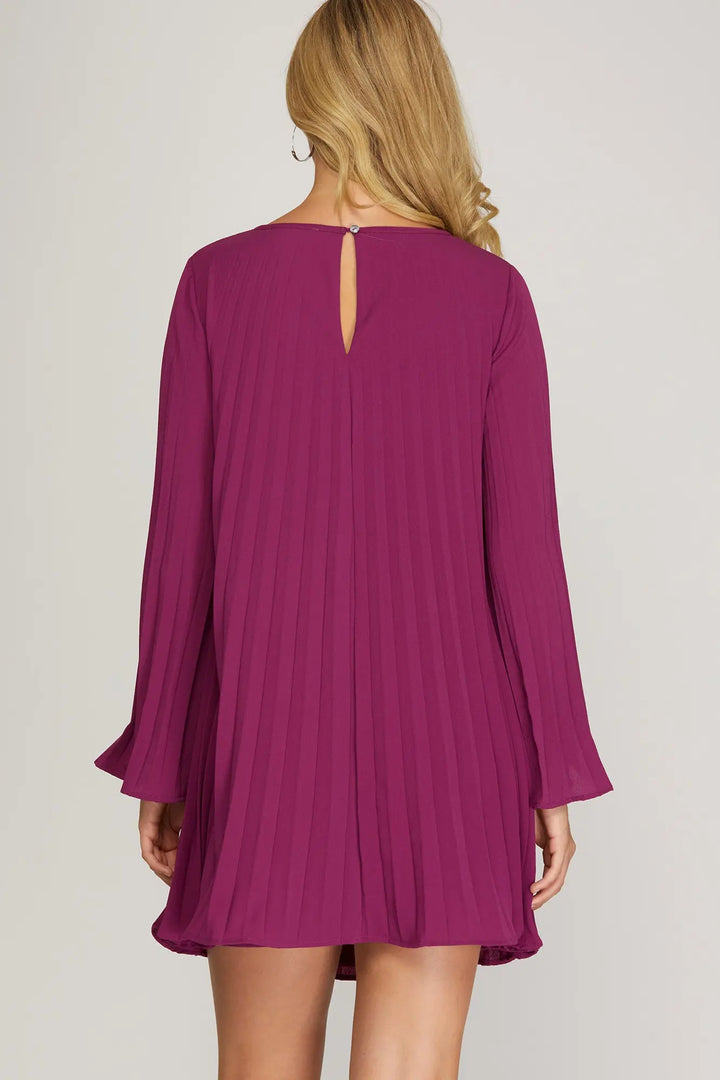 LONG SLEEVE PLEATED WOVEN DRESS