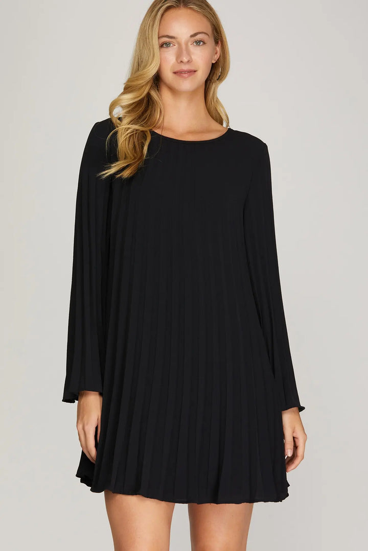 LONG SLEEVE PLEATED WOVEN DRESS