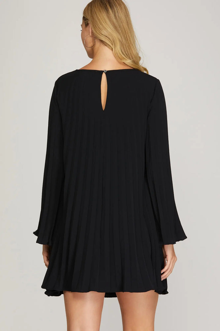 LONG SLEEVE PLEATED WOVEN DRESS