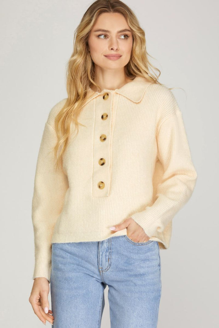 CREAM NOTCH BECK BUTTON DOWN LONG SLEEVES SWEATER TOP SKSY5410