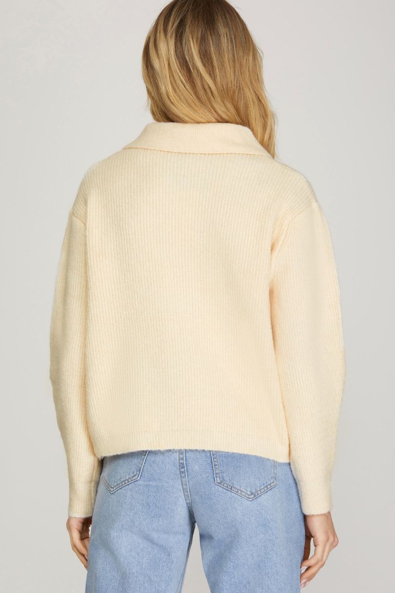 CREAM NOTCH BECK BUTTON DOWN LONG SLEEVES SWEATER TOP SKSY5410