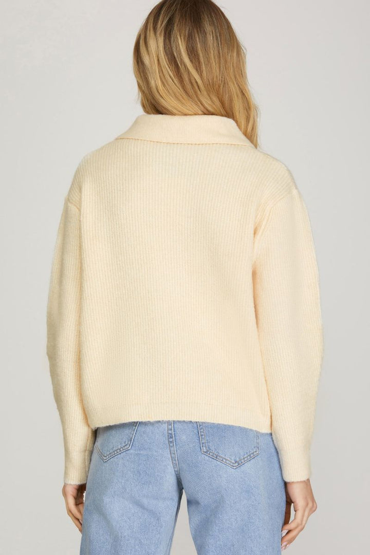 CREAM NOTCH BECK BUTTON DOWN LONG SLEEVES SWEATER TOP SKSY5410