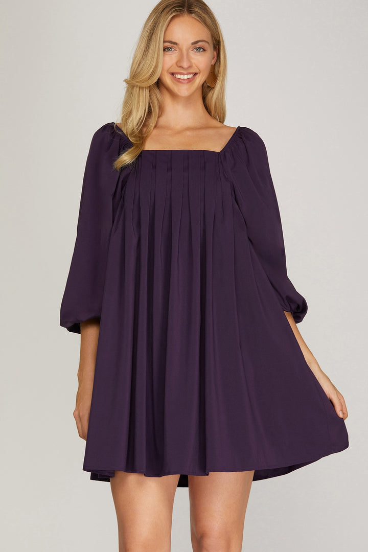 3/4 BUBBLE SLEEVE PLEATED WOVEN DRESS