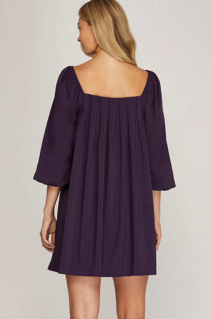 3/4 BUBBLE SLEEVE PLEATED WOVEN DRESS