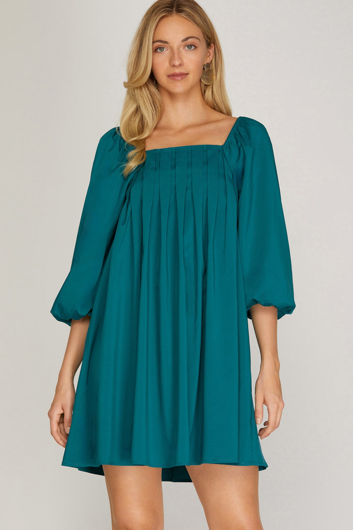 3/4 BUBBLE SLEEVE PLEATED WOVEN DRESS