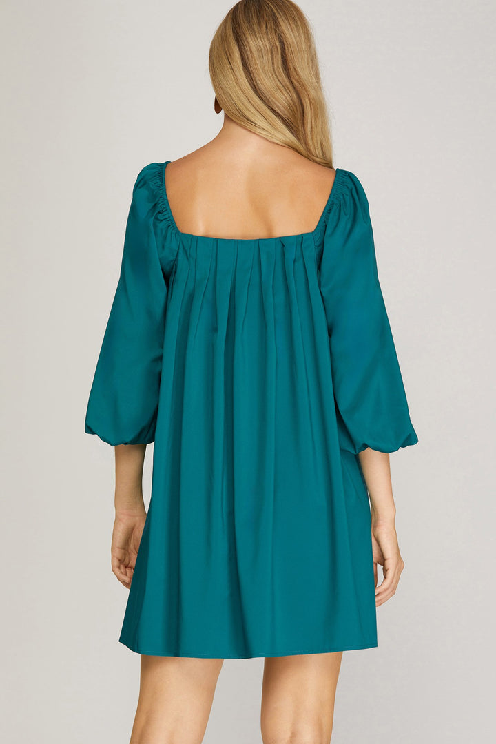 3/4 BUBBLE SLEEVE PLEATED WOVEN DRESS
