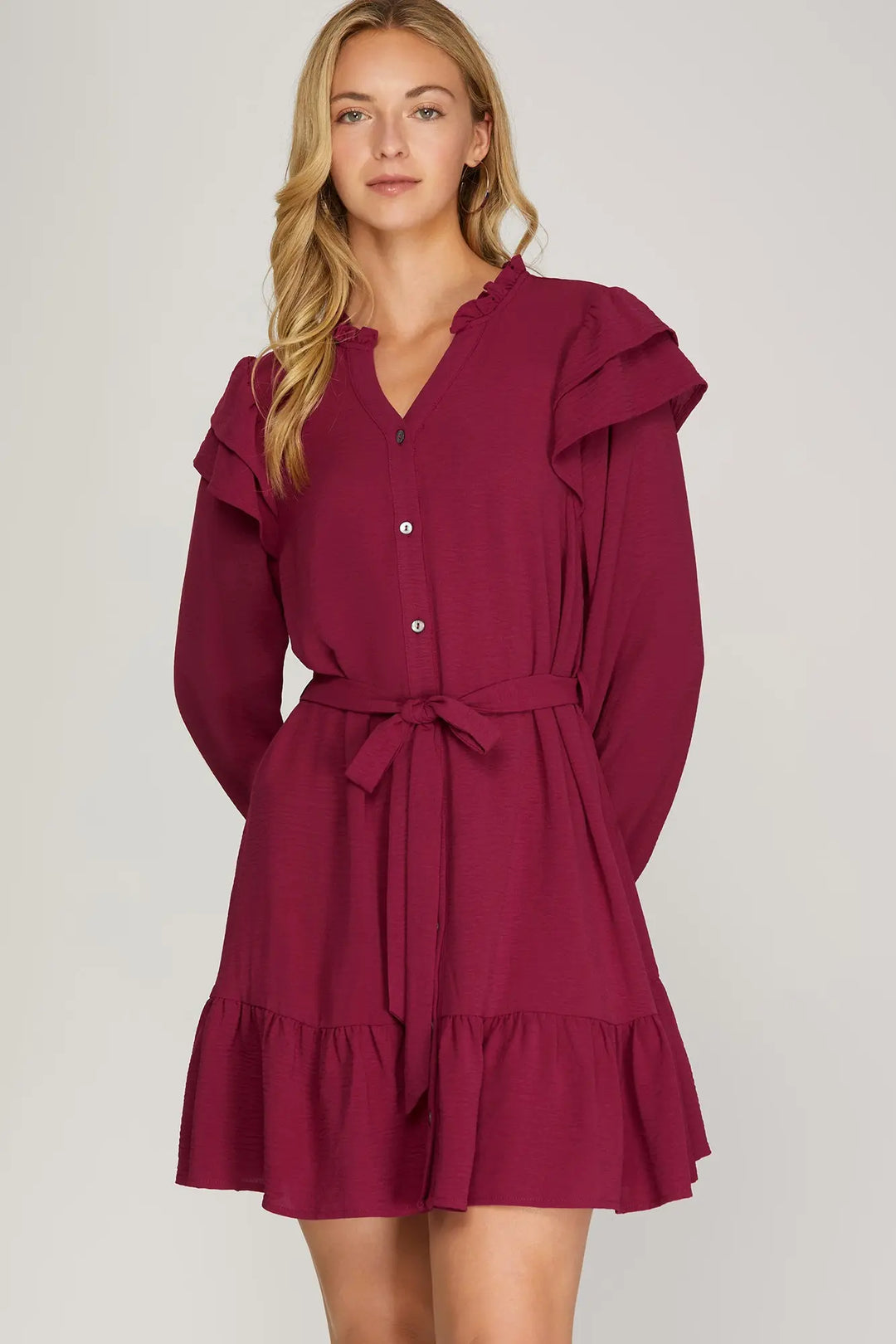 LONG SLEEVE WOVEN BUTTON DOWN RUFFLE HEM DRESS    SKSY5313