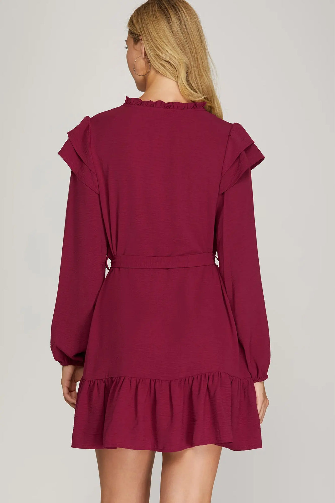 LONG SLEEVE WOVEN BUTTON DOWN RUFFLE HEM DRESS    SKSY5313