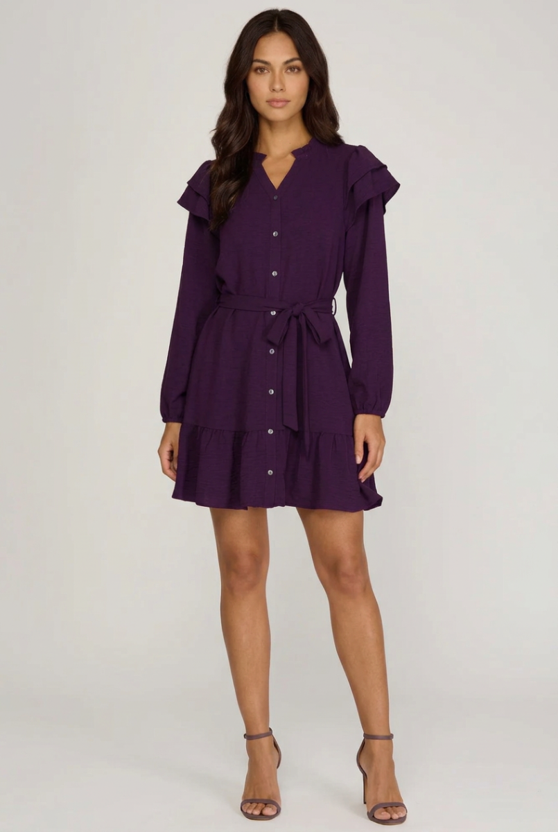 LONG SLEEVE WOVEN BUTTON DOWN RUFFLE HEM DRESS SKSY5313