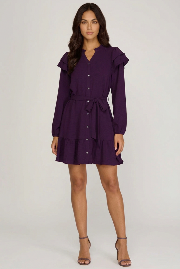 LONG SLEEVE WOVEN BUTTON DOWN RUFFLE HEM DRESS SKSY5313