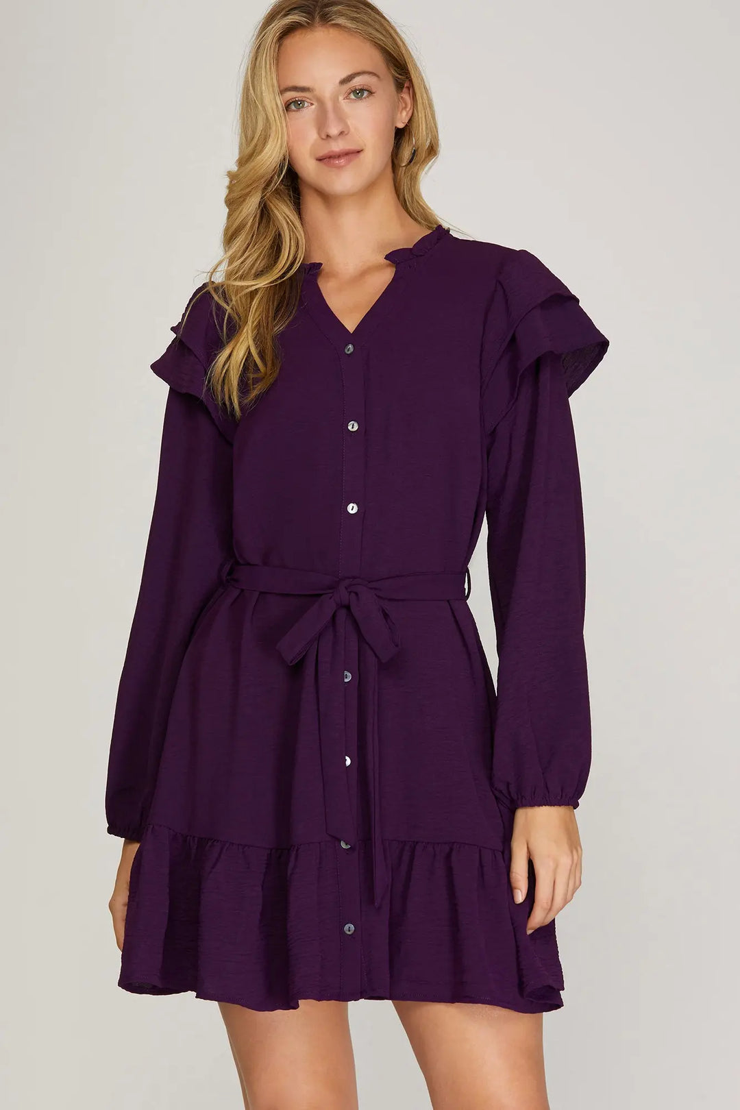 LONG SLEEVE WOVEN BUTTON DOWN RUFFLE HEM DRESS    SKSY5313