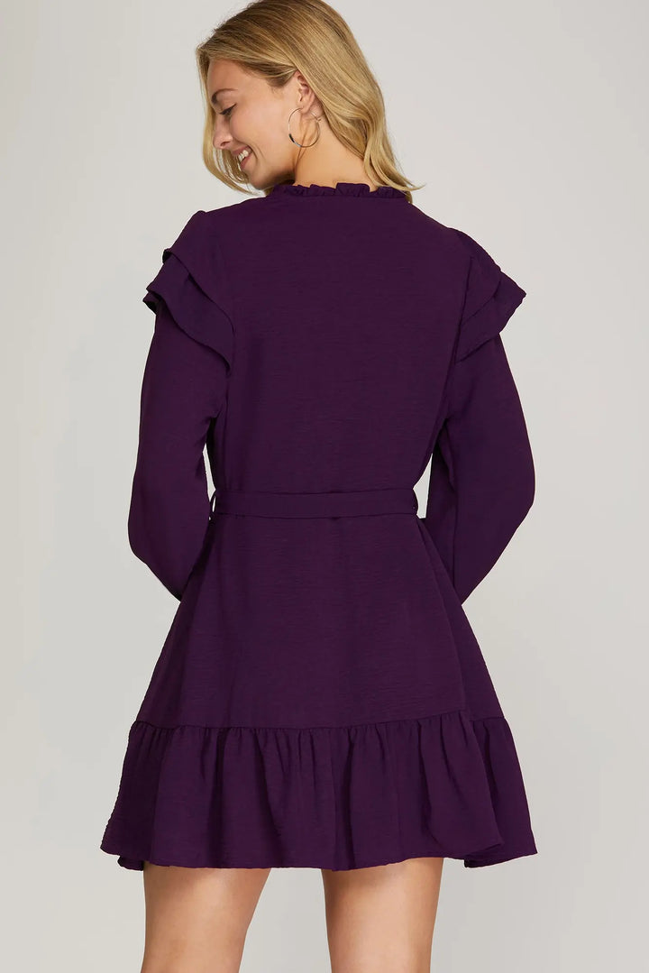 LONG SLEEVE WOVEN BUTTON DOWN RUFFLE HEM DRESS    SKSY5313
