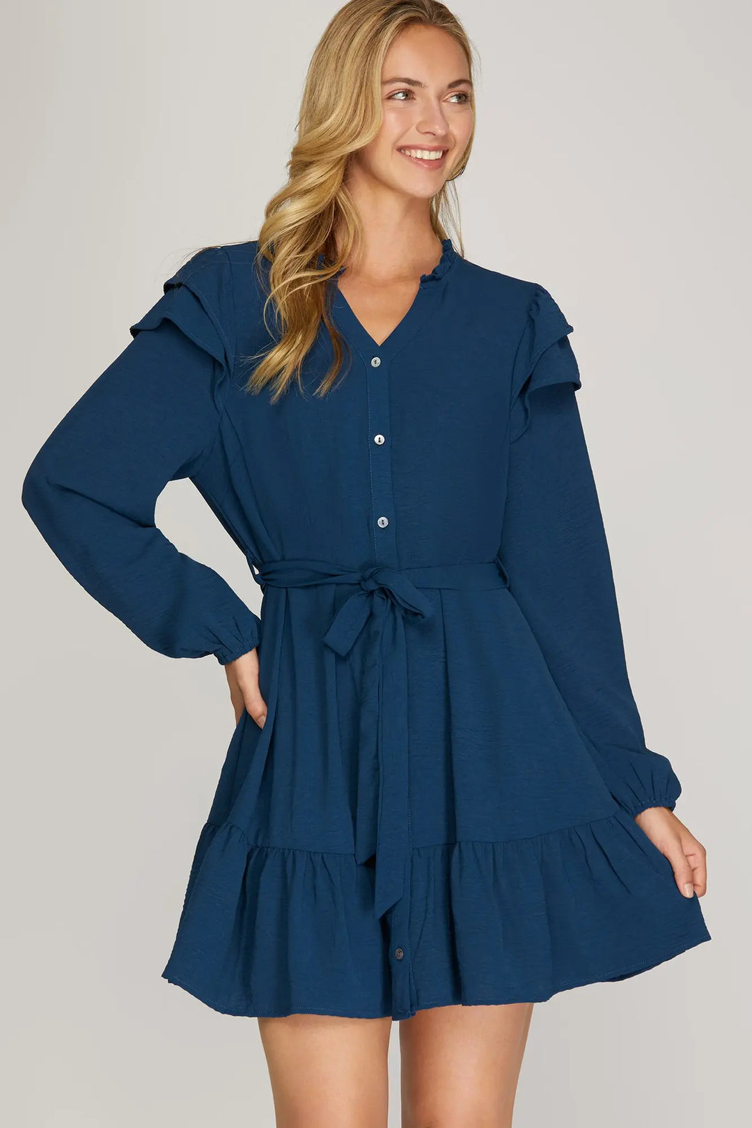 LONG SLEEVE WOVEN BUTTON DOWN RUFFLE HEM DRESS    SKSY5313