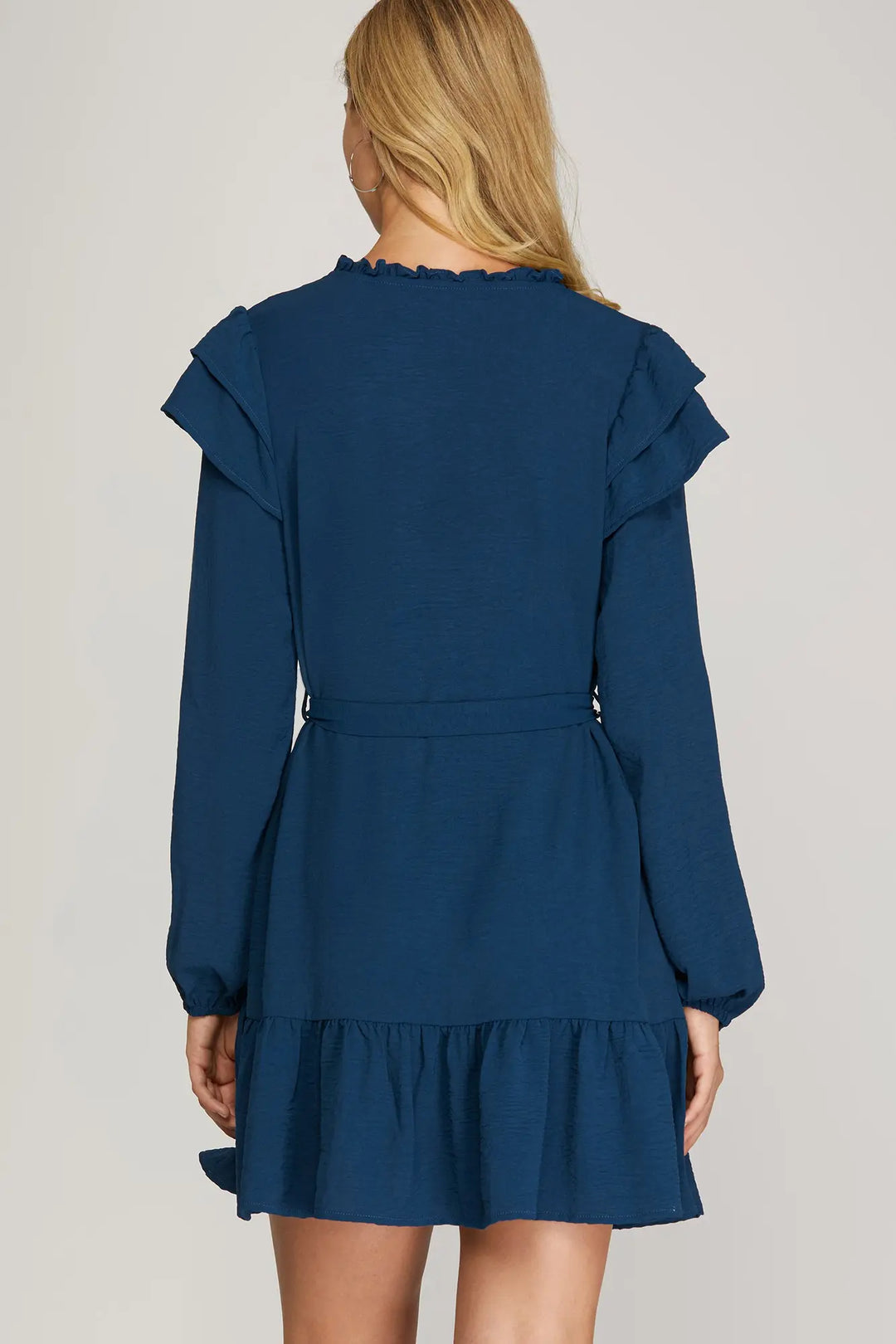 LONG SLEEVE WOVEN BUTTON DOWN RUFFLE HEM DRESS    SKSY5313