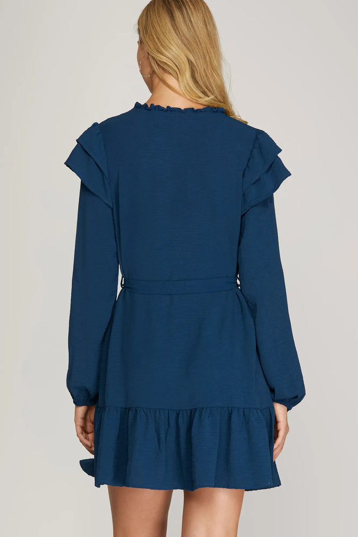 LONG SLEEVE WOVEN BUTTON DOWN RUFFLE HEM DRESS    SKSY5313