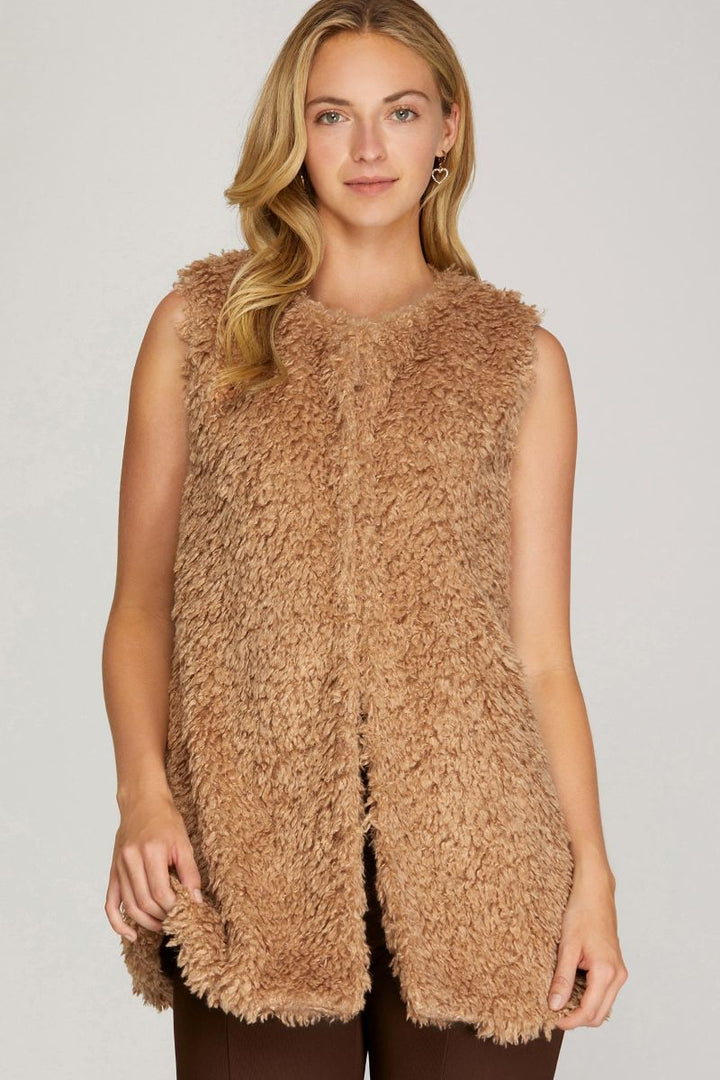 CAMEL SLEEVELESS SHEARLING FUR VEST S15SY5482