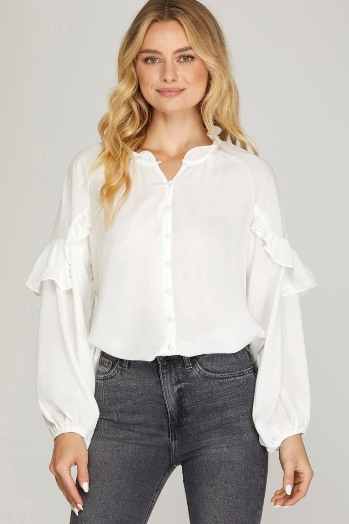 OFF WHITE LONG SLEEVES FRILL DETAILED BLOUSE TOP SKSY5708