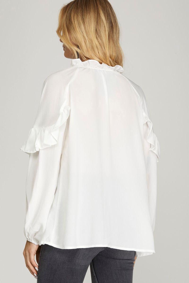 OFF WHITE LONG SLEEVES FRILL DETAILED BLOUSE TOP SKSY5708