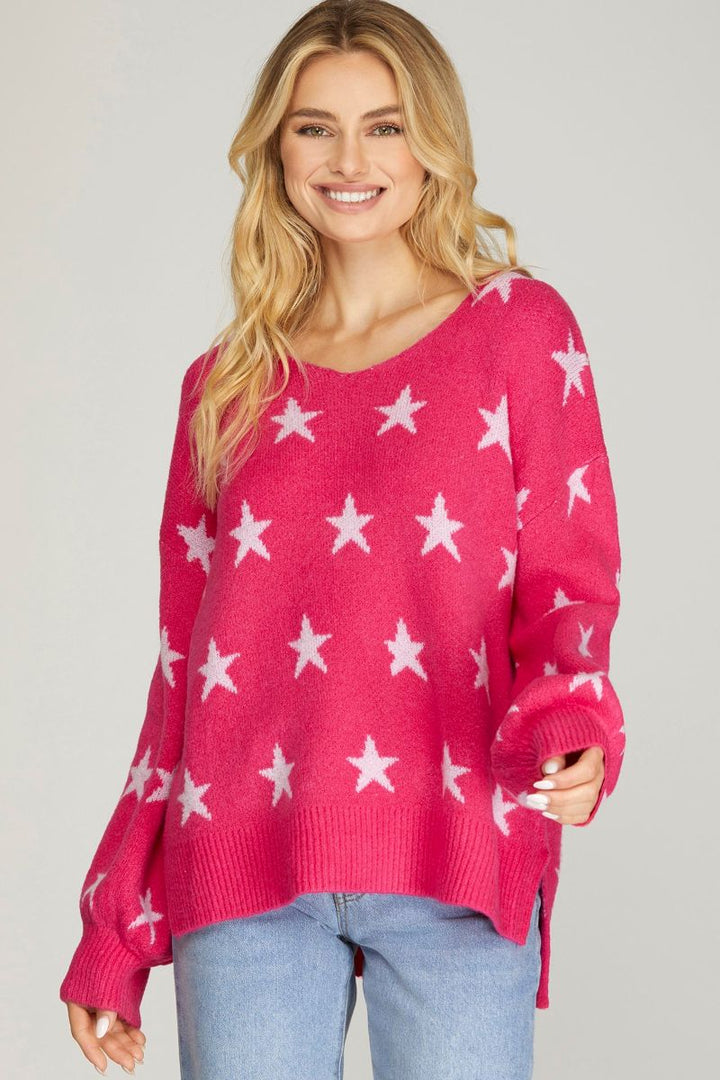 PINK STAR PATTERN CREW NECK LONG SLEEVES SWEATER SKSY5251