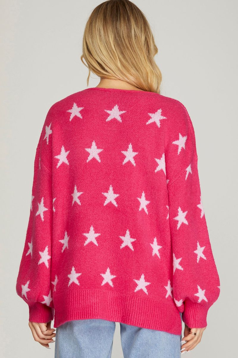 PINK STAR PATTERN CREW NECK LONG SLEEVES SWEATER SKSY5251