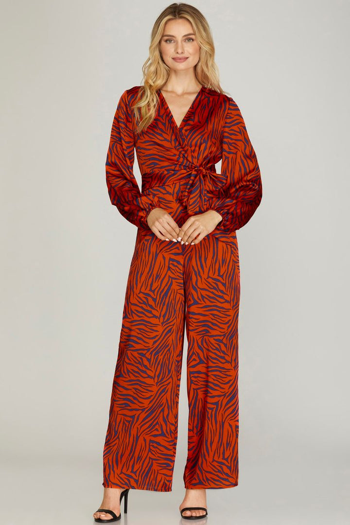 RED NAVY ANIMAL PRINT LONG SLEEVES FRONT TIE WRAP JUMPSUIT SKSY5775