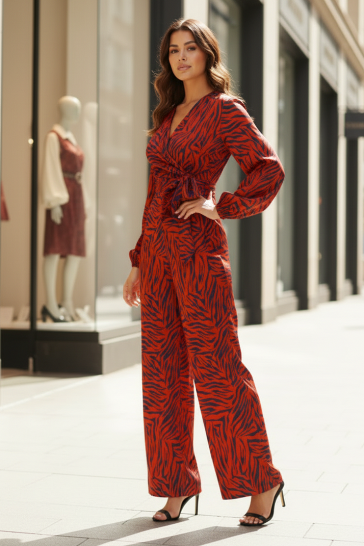 RED NAVY ANIMAL PRINT LONG SLEEVES FRONT TIE WRAP JUMPSUIT SKSY5775-
