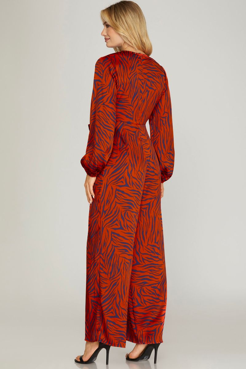 RED NAVY ANIMAL PRINT LONG SLEEVES FRONT TIE WRAP JUMPSUIT SKSY5775