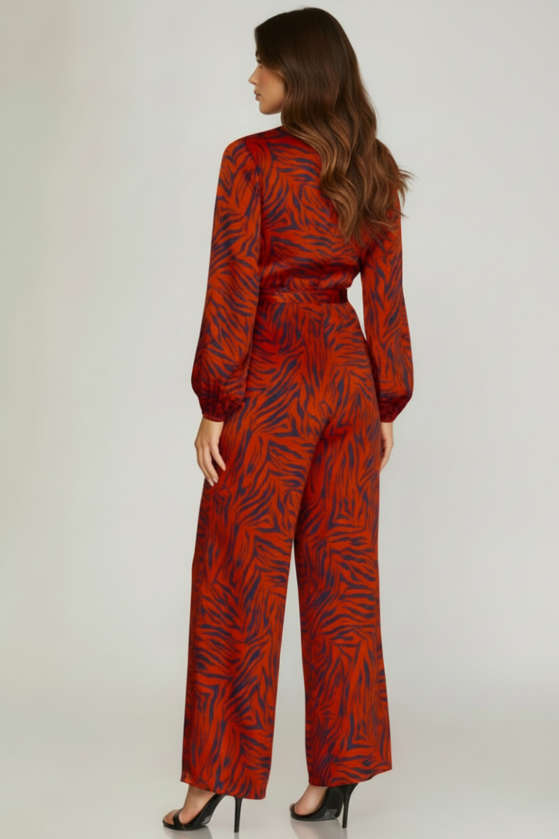 RED NAVY ANIMAL PRINT LONG SLEEVES FRONT TIE WRAP JUMPSUIT SKSY5775-