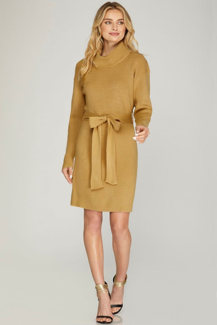 CAMEL TURTLENECK TIE-WAIST LONG SLEEVES SWEATER MIDI DRESS SKSY5671