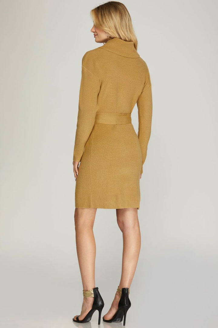 CAMEL TURTLENECK TIE-WAIST LONG SLEEVES SWEATER MIDI DRESS SKSY5671