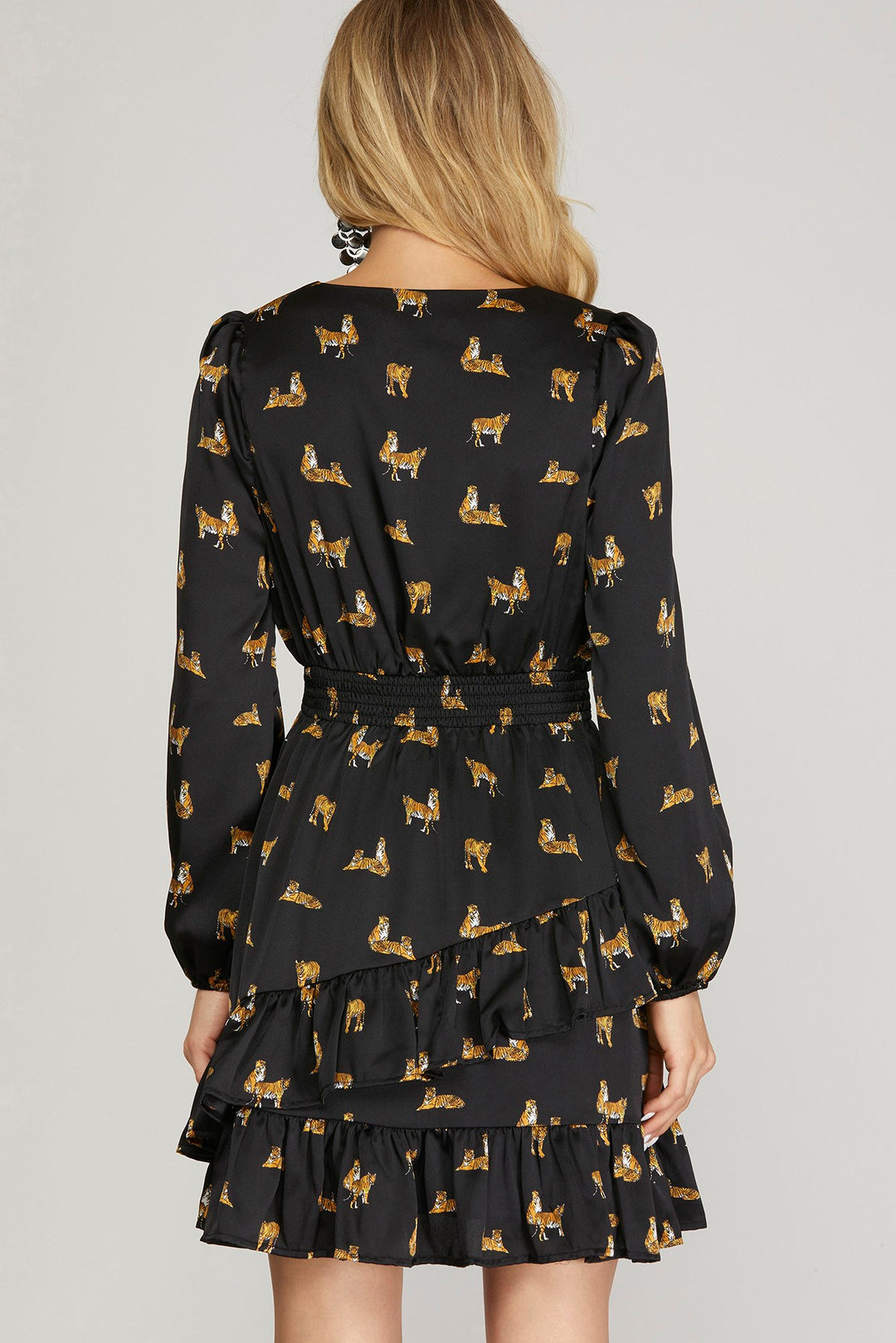 LONG SLEEVE SMOCKED WAIST WOVEN ANIMAL PRINT SURPLICE DRESS