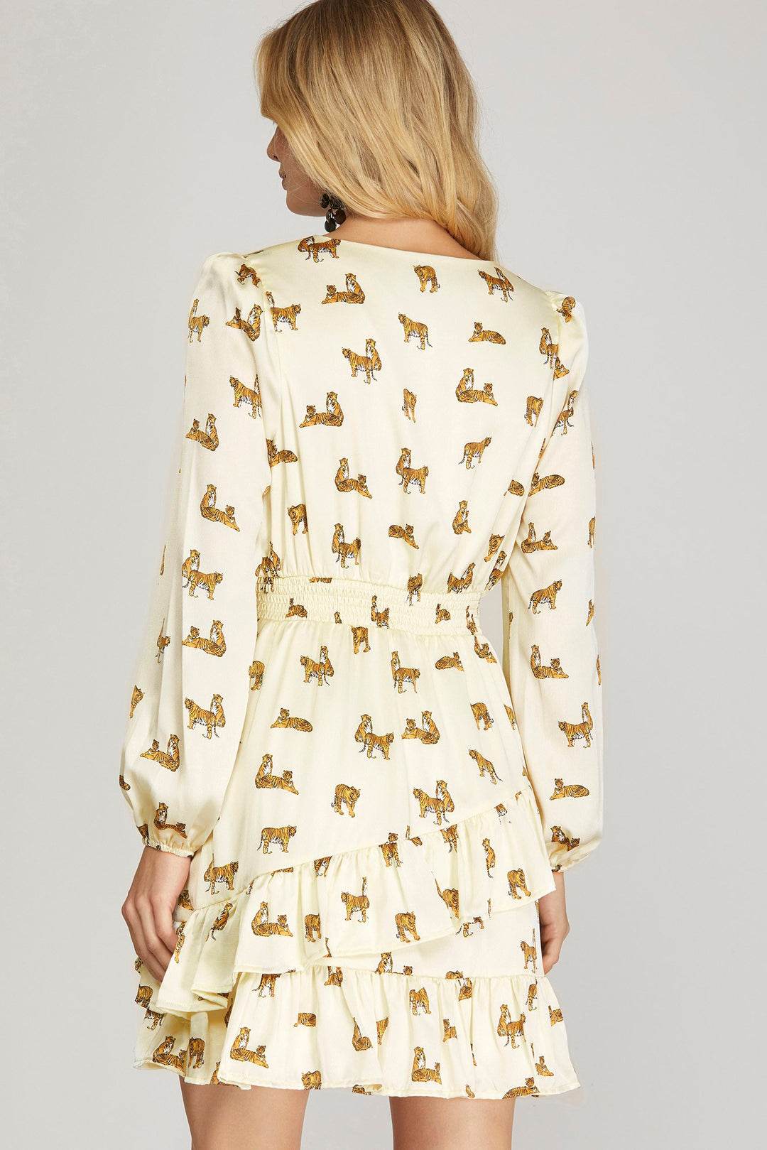 LONG SLEEVE SMOCKED WAIST WOVEN ANIMAL PRINT SURPLICE DRESS