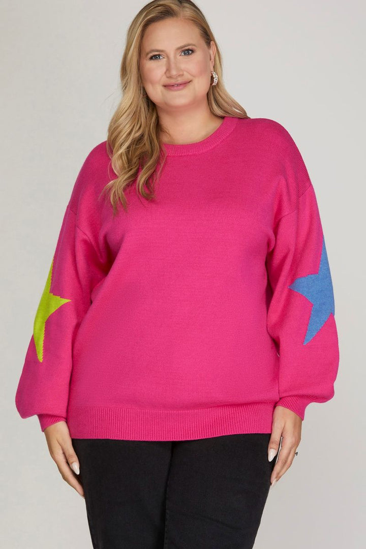 HOT PINK STAR PATTERNED LONG SLEEVES PLUS SIZE SWEATER TOP SKPSY4479