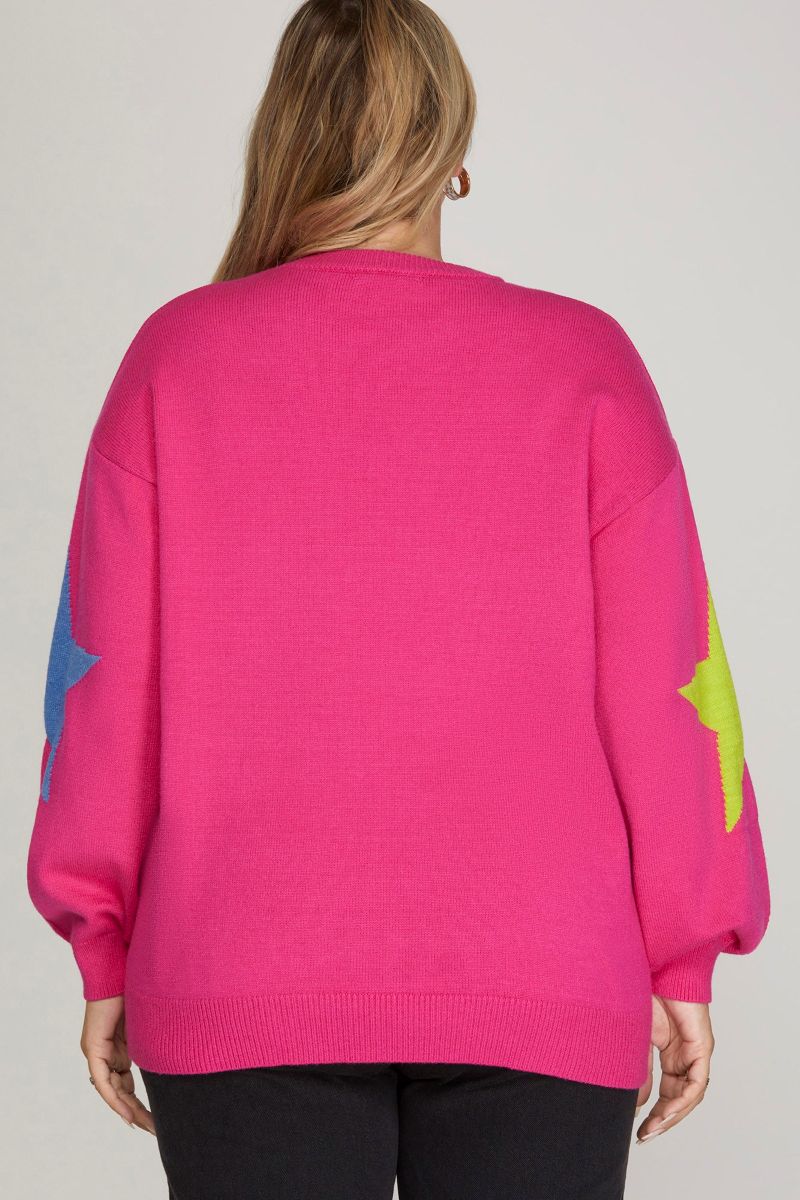 HOT PINK STAR PATTERNED LONG SLEEVES PLUS SIZE SWEATER TOP SKPSY4479