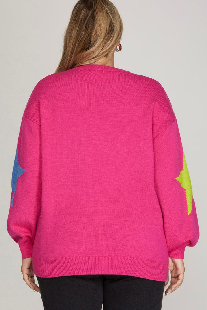 HOT PINK STAR PATTERNED LONG SLEEVES PLUS SIZE SWEATER TOP SKPSY4479