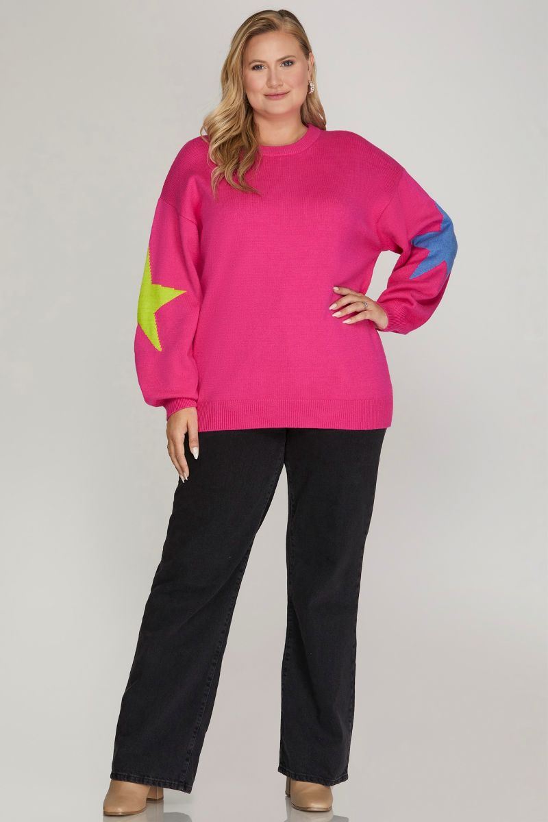 HOT PINK STAR PATTERNED LONG SLEEVES PLUS SIZE SWEATER TOP SKPSY4479