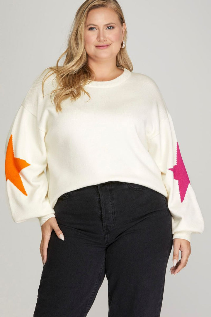 OFF WHITE STAR PATTERNED LONG SLEEVES PLUS SIZE SWEATER TOP SkPSY4479