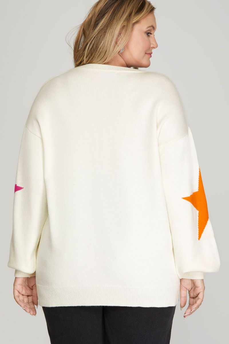 OFF WHITE STAR PATTERNED LONG SLEEVES PLUS SIZE SWEATER TOP SkPSY4479