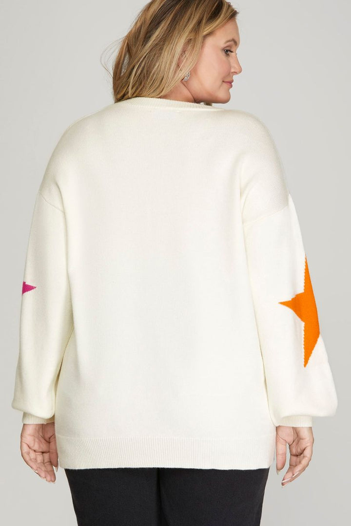 OFF WHITE STAR PATTERNED LONG SLEEVES PLUS SIZE SWEATER TOP SkPSY4479