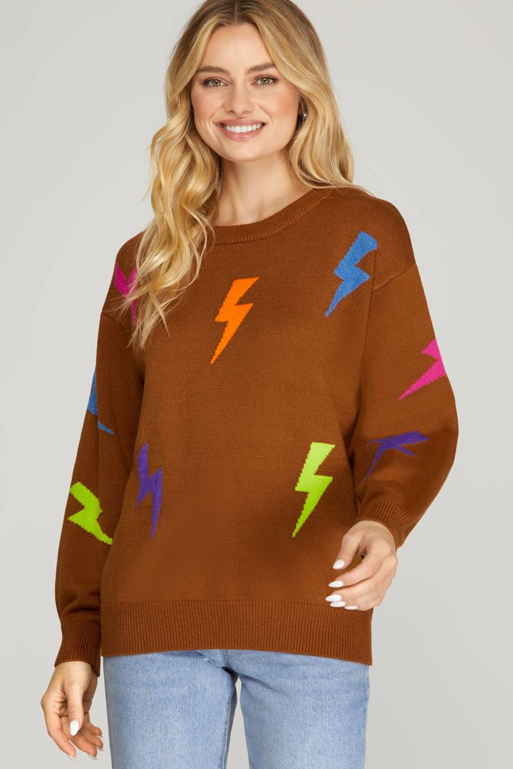CARAMEL LIGHTNING PATTERN LONG SLEEVES SWEATER SKSY5781