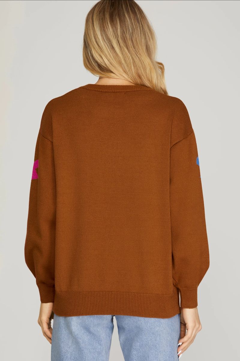 CARAMEL LIGHTNING PATTERN LONG SLEEVES SWEATER SKSY5781